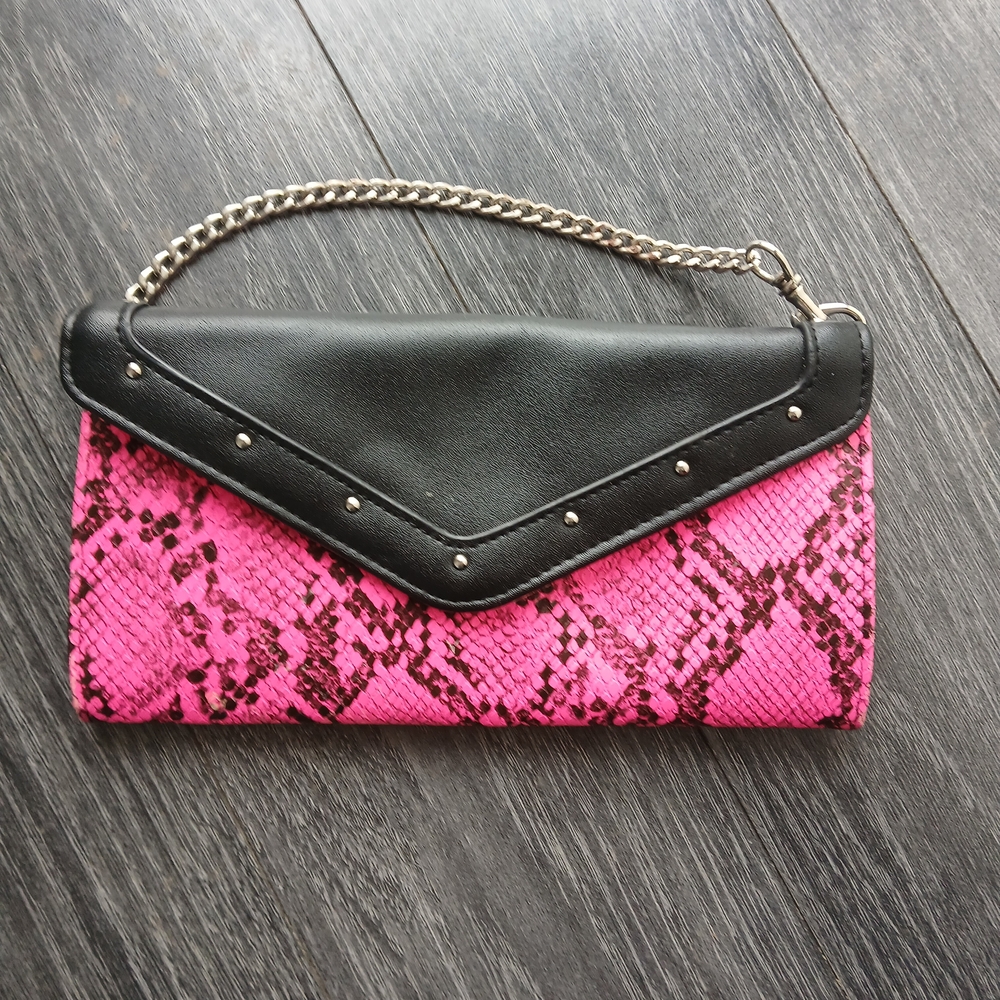 Pink & Black Faux Leather Snake Print Envelope Clutch Bag